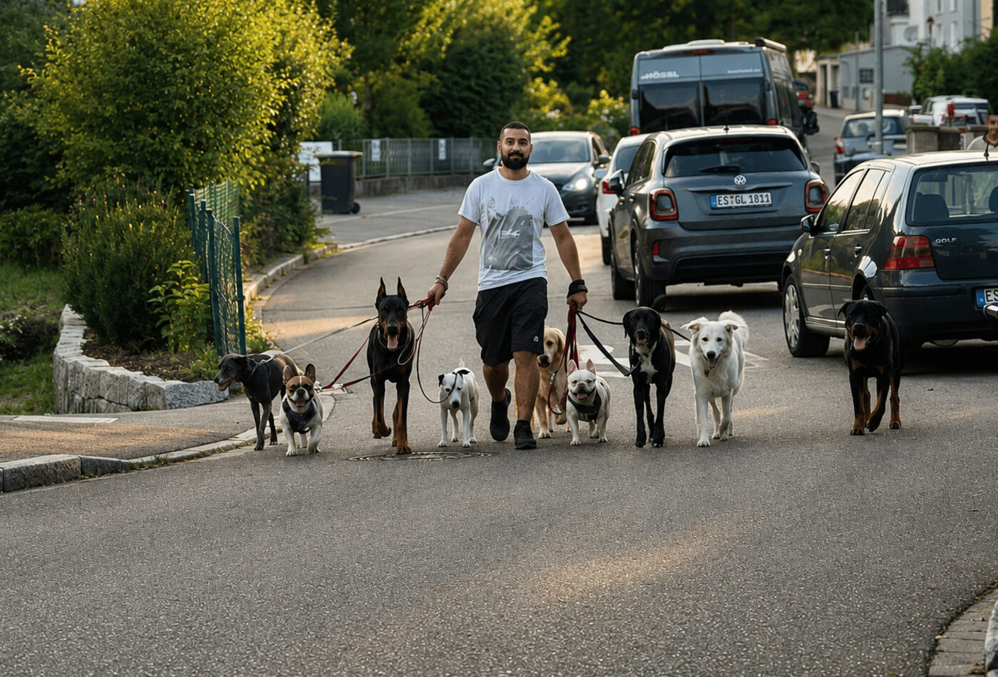 Hundetrainer Timur führt ein großes Hunderudel an der Leine ruhig durch eine Wohnstraße bei Esslingen